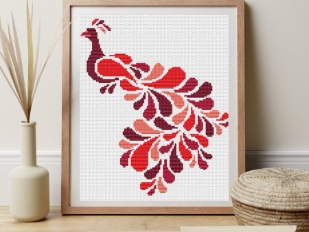 Abstract Peacock in Red Cross Stitch Pattern Online Sale