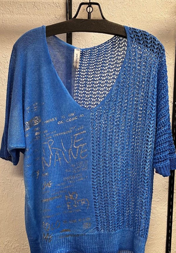 Open Knit Sweater With Silver Writing Hot on Sale