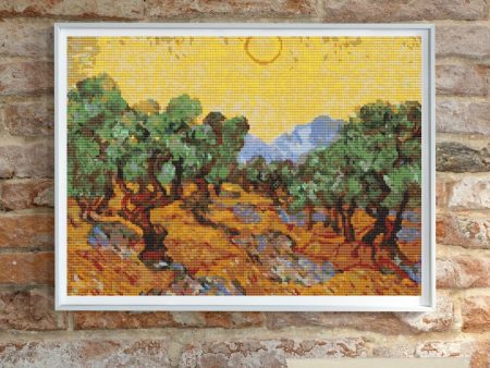 Olive Trees with Yellow Sky and Sun Cross Stitch Kit Supply