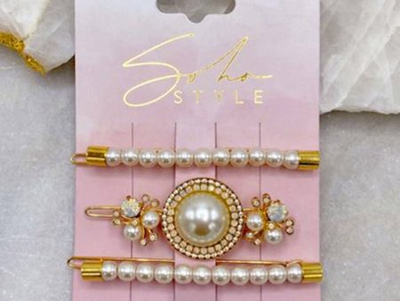 Pearls Bobby Pin and Luxe Pearl Statement Barrette 3 PCS Set For Sale